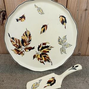 French Art Faience Autumn / Automne Centerpiece Pie Cake Plate by Longwy 1940s